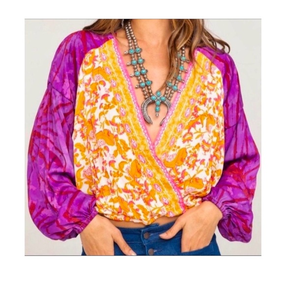 Free people Bohemian Floral Blouse with Purple Sleeves size M - Picture 1 of 7